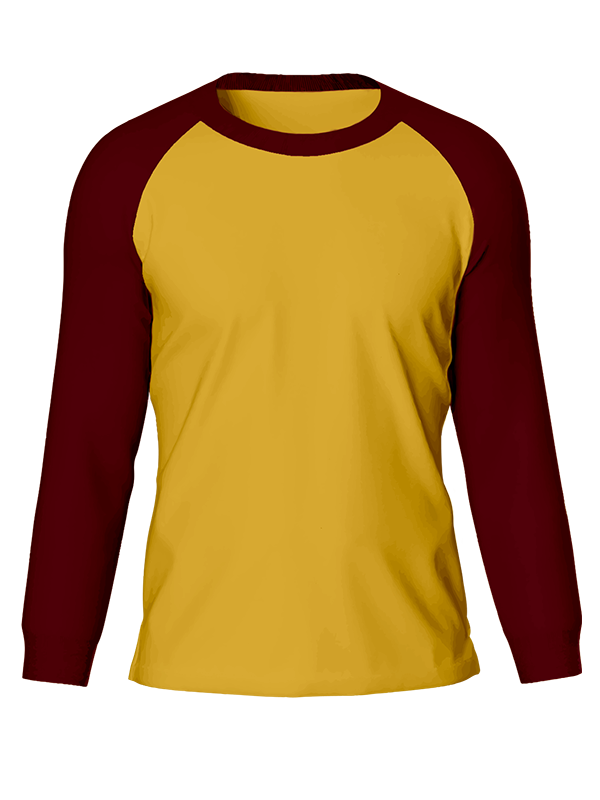 Женский классический лонгслив реглан с бордовыми рукавами и охра телом