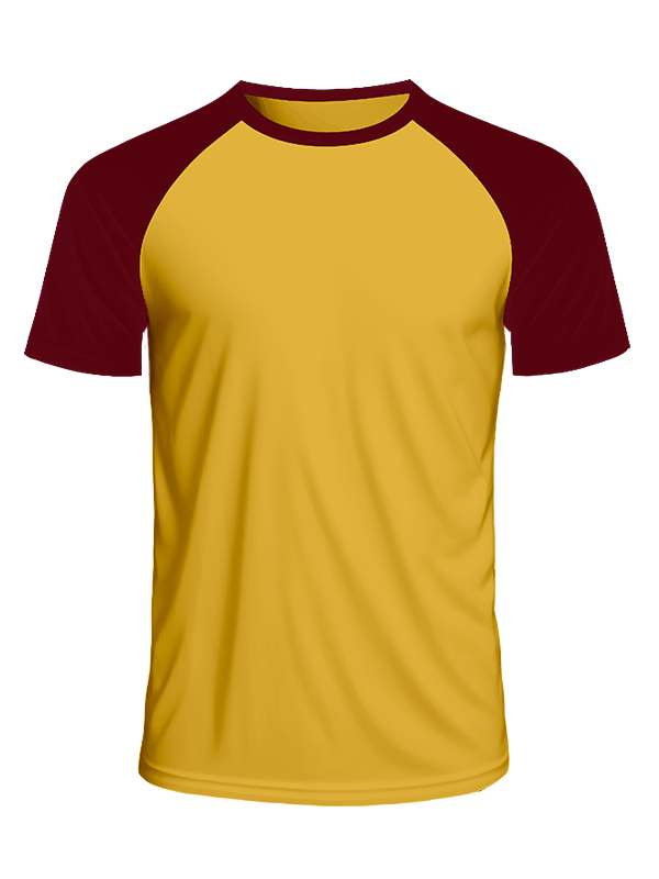 Мужская классическая футболка реглан с бордовыми рукавами и охра телом