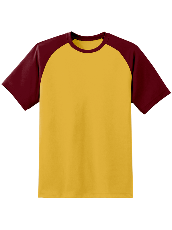 Женская оверсайз футболка реглан с бордовыми рукавами и охра телом