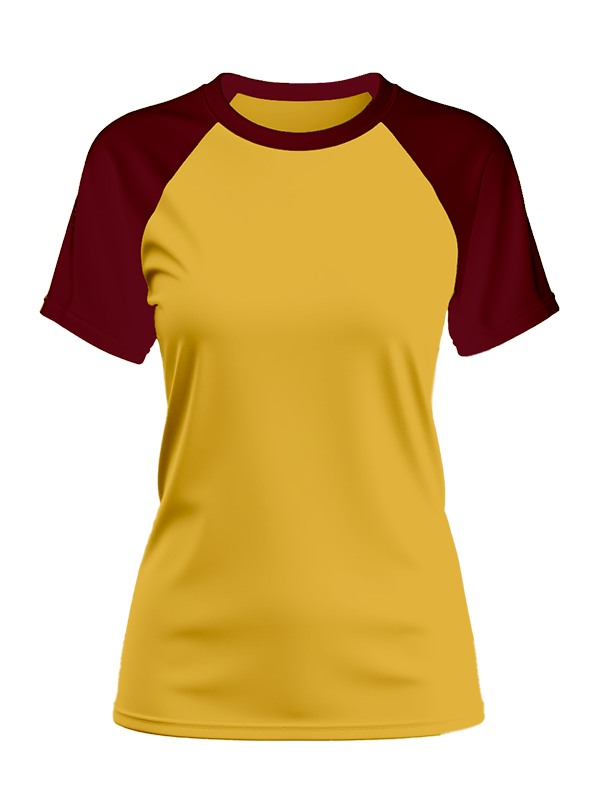 Женская классическая футболка реглан с бордовыми рукавами и охра телом